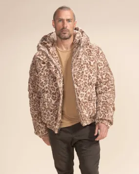 Classic Men's Puffer Jacket With Hood | Tan Leopard