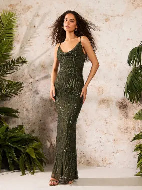 Cowl Neck Allover Sequin On Mesh Animal Print Gown