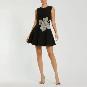 Crepe Sleeveless Mini Dress With Rhinestone Flower