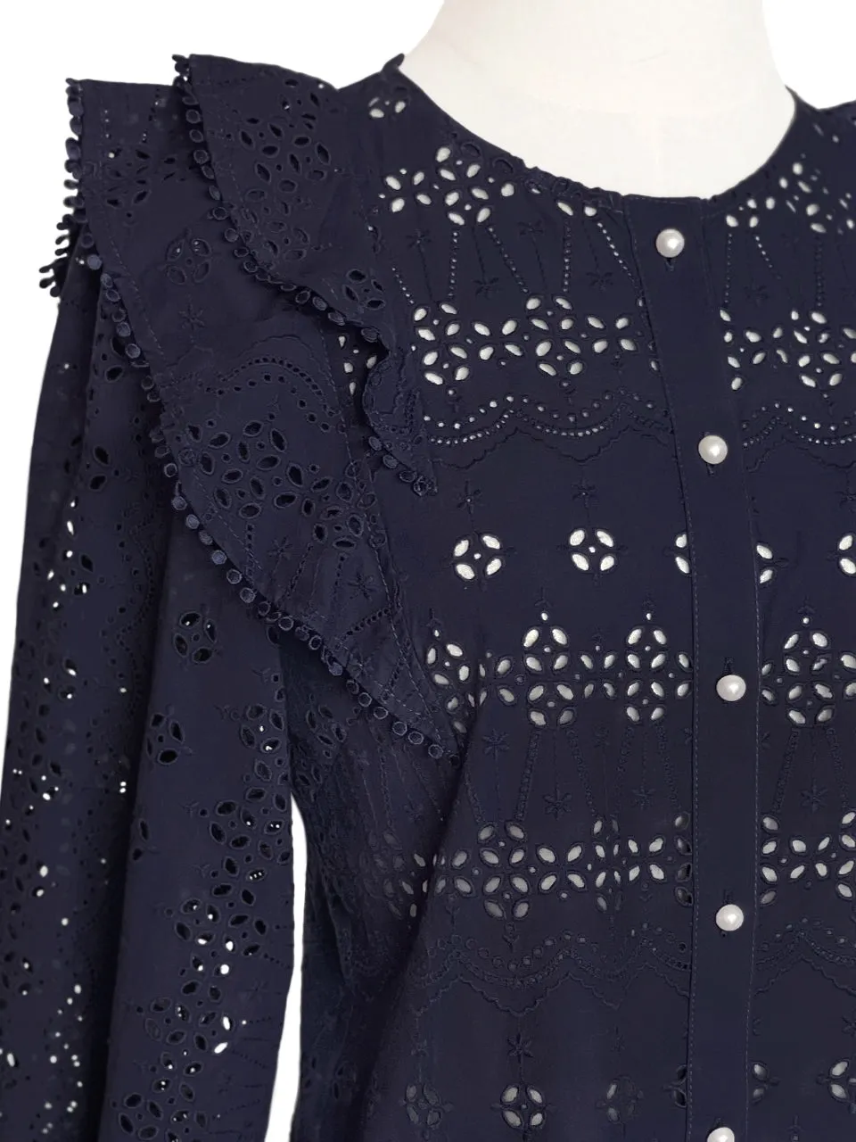 Dark Navy Lace Ruffle Puff Sleeve Eyelet Cotton Blouse