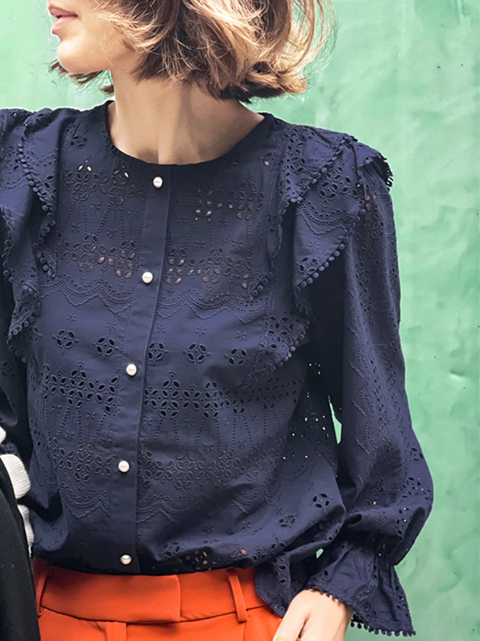 Dark Navy Lace Ruffle Puff Sleeve Eyelet Cotton Blouse