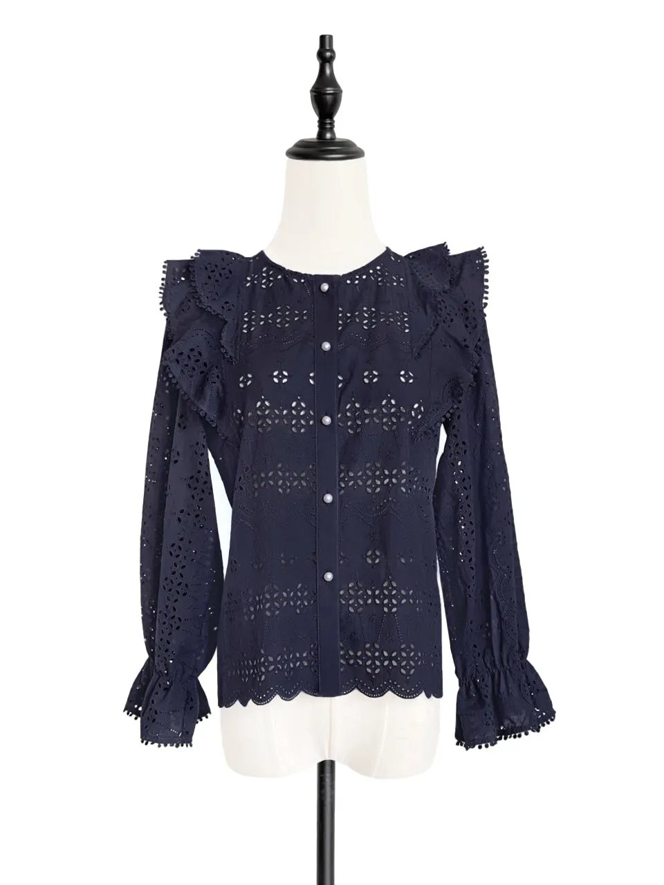 Dark Navy Lace Ruffle Puff Sleeve Eyelet Cotton Blouse