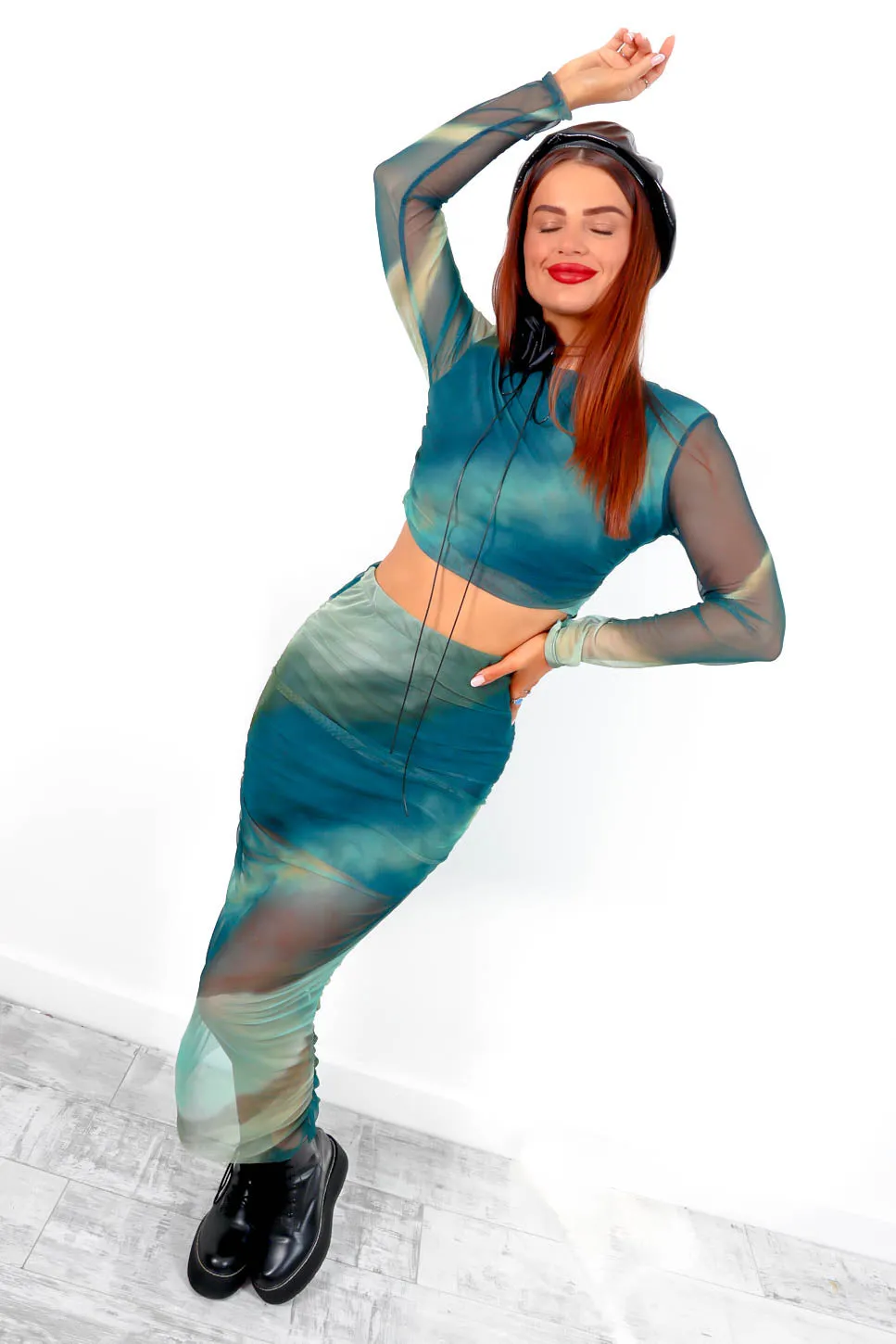 Double Booked - Green Tie Dye Mesh Midi Co-ord