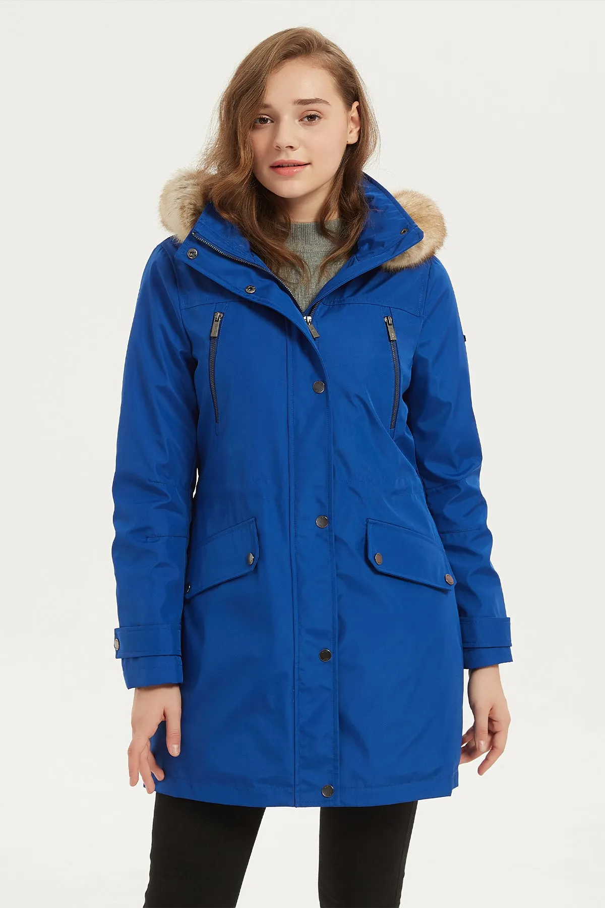 Drawstring Waist Parka Jacket with Removable faux fur hood