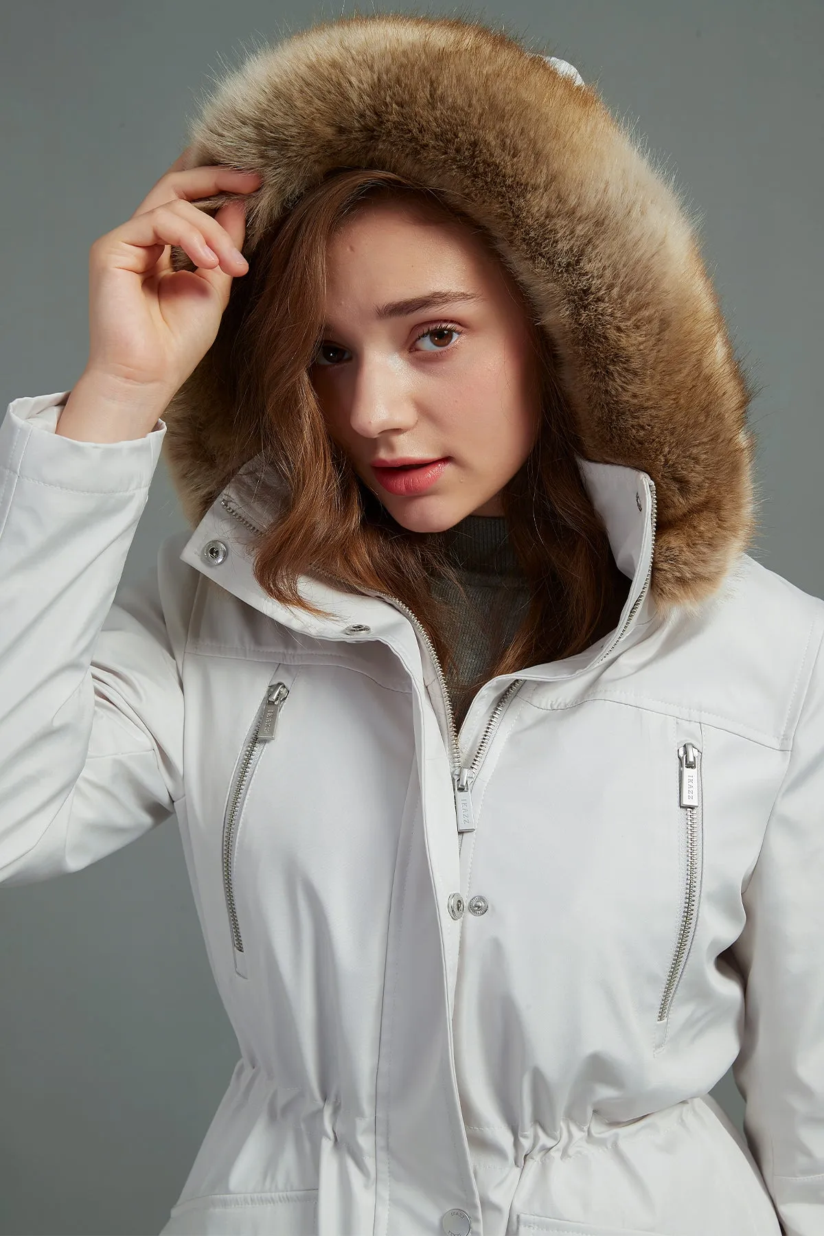 Drawstring Waist Parka Jacket with Removable faux fur hood