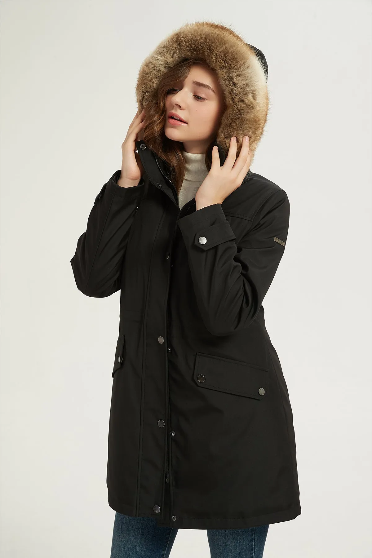 Drawstring Waist Parka Jacket with Removable faux fur hood