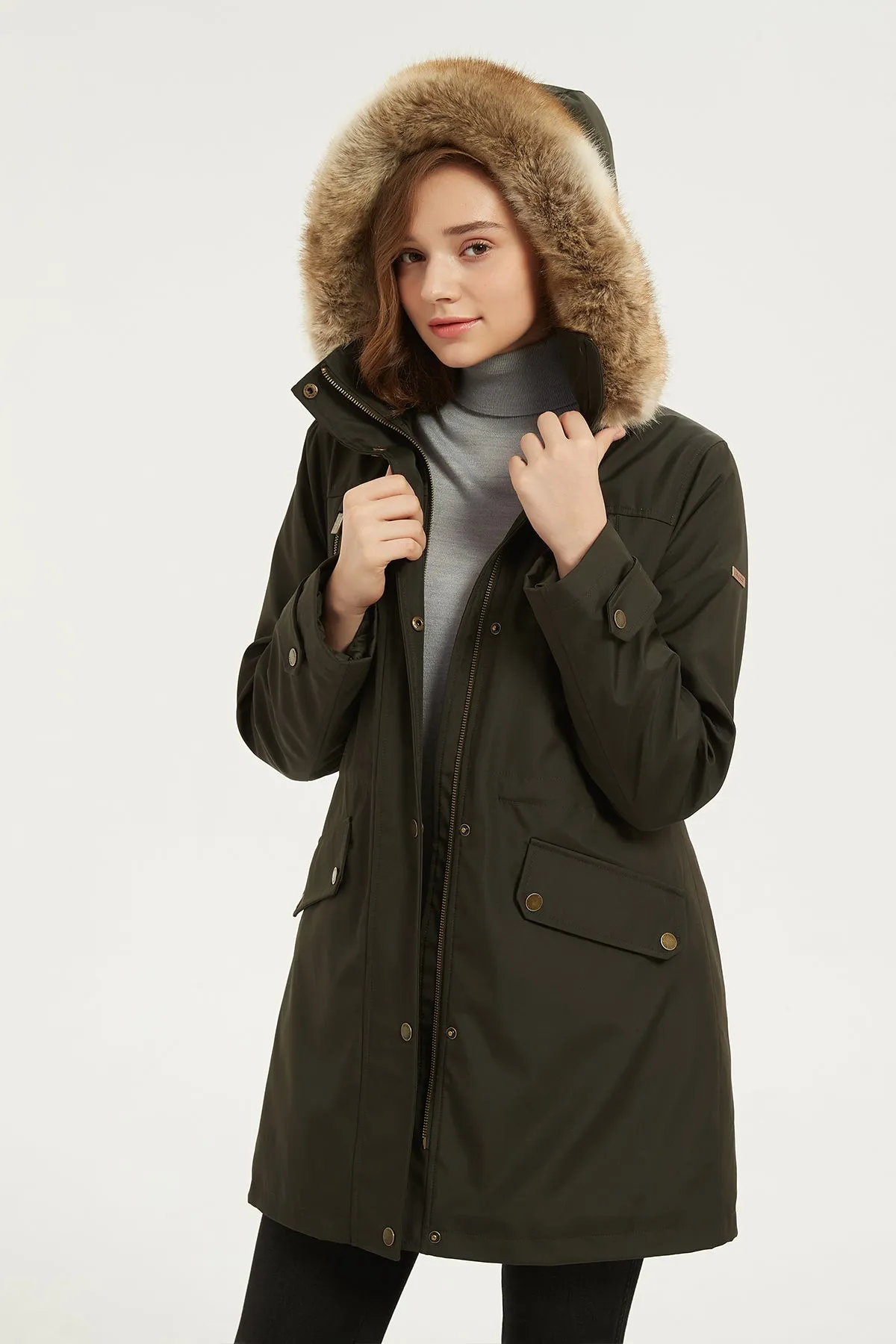 Drawstring Waist Parka Jacket with Removable faux fur hood