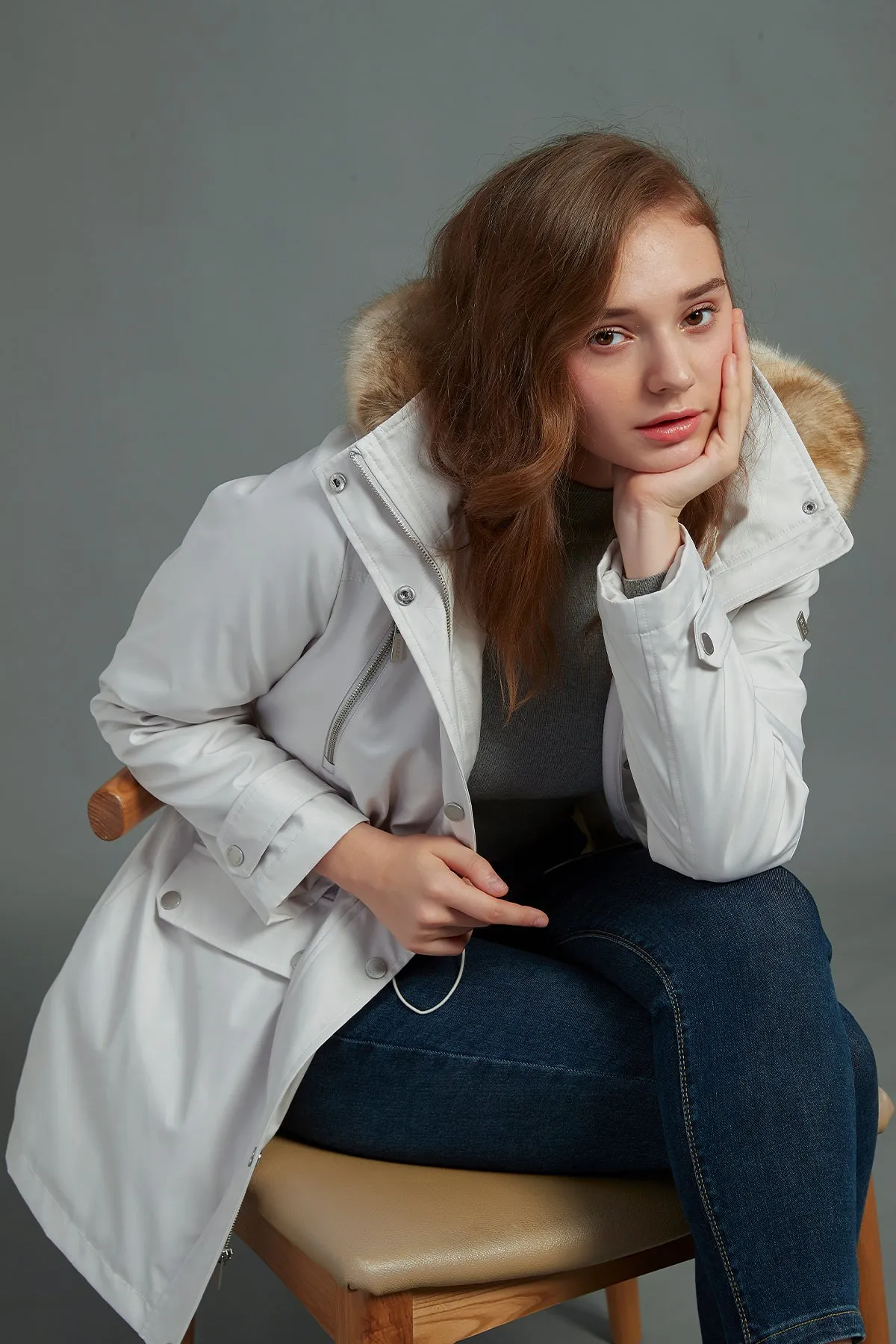 Drawstring Waist Parka Jacket with Removable faux fur hood