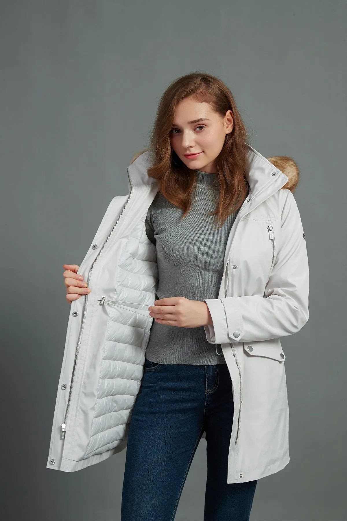 Drawstring Waist Parka Jacket with Removable faux fur hood