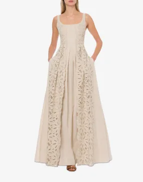 Dress in Cotton Linen with Flower Embroidery