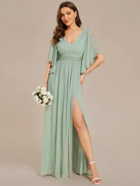 Ever Pretty Woman'S Sexiness Sage Green V Neck Pleated Belt High Slit Chiffon Bridesmaid Dresses