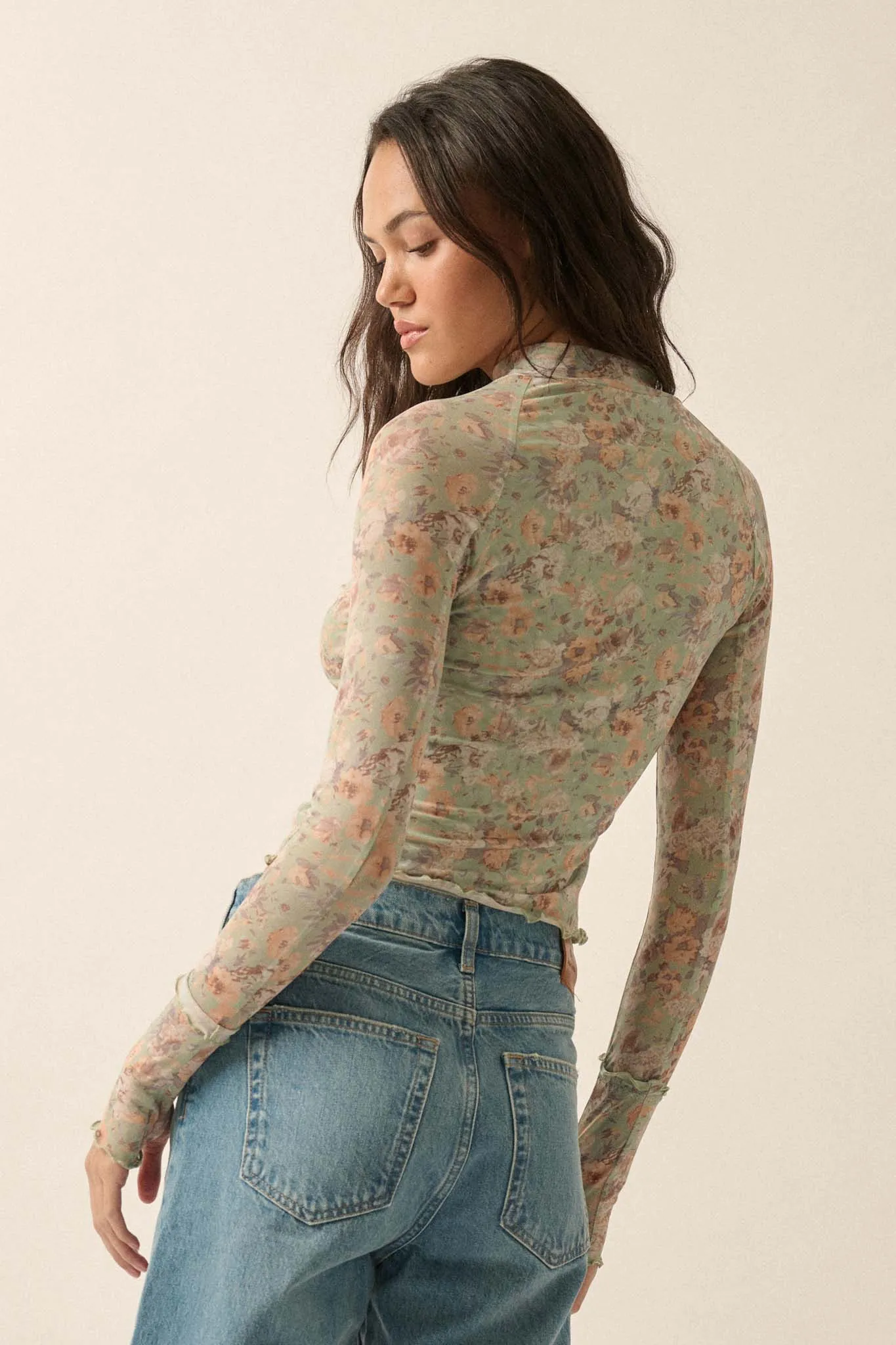 Every Rose Floral Mesh Long-Sleeve Mock-Neck Top