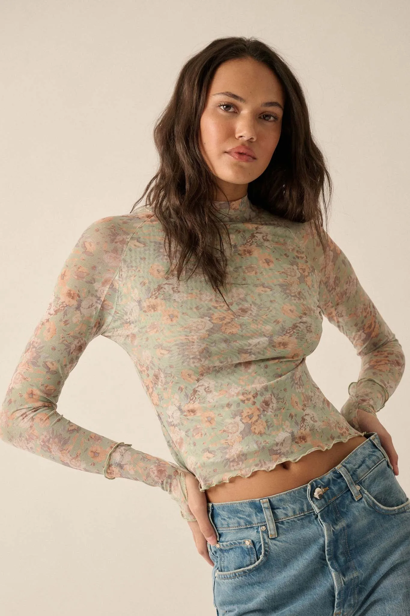 Every Rose Floral Mesh Long-Sleeve Mock-Neck Top