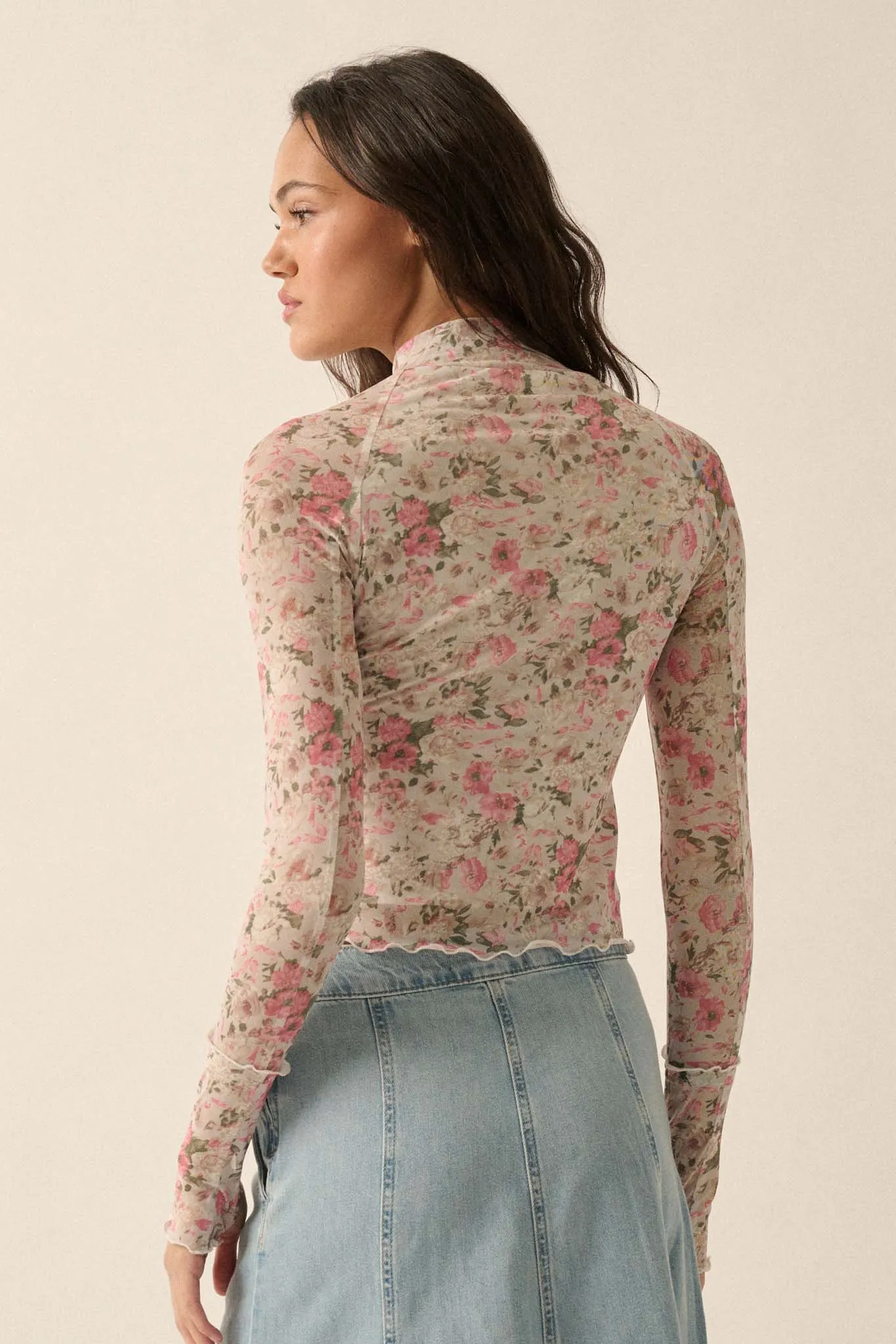 Every Rose Floral Mesh Long-Sleeve Mock-Neck Top