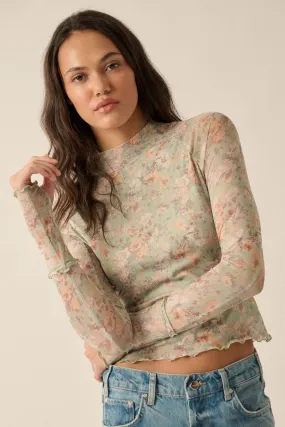 Every Rose Floral Mesh Long-Sleeve Mock-Neck Top