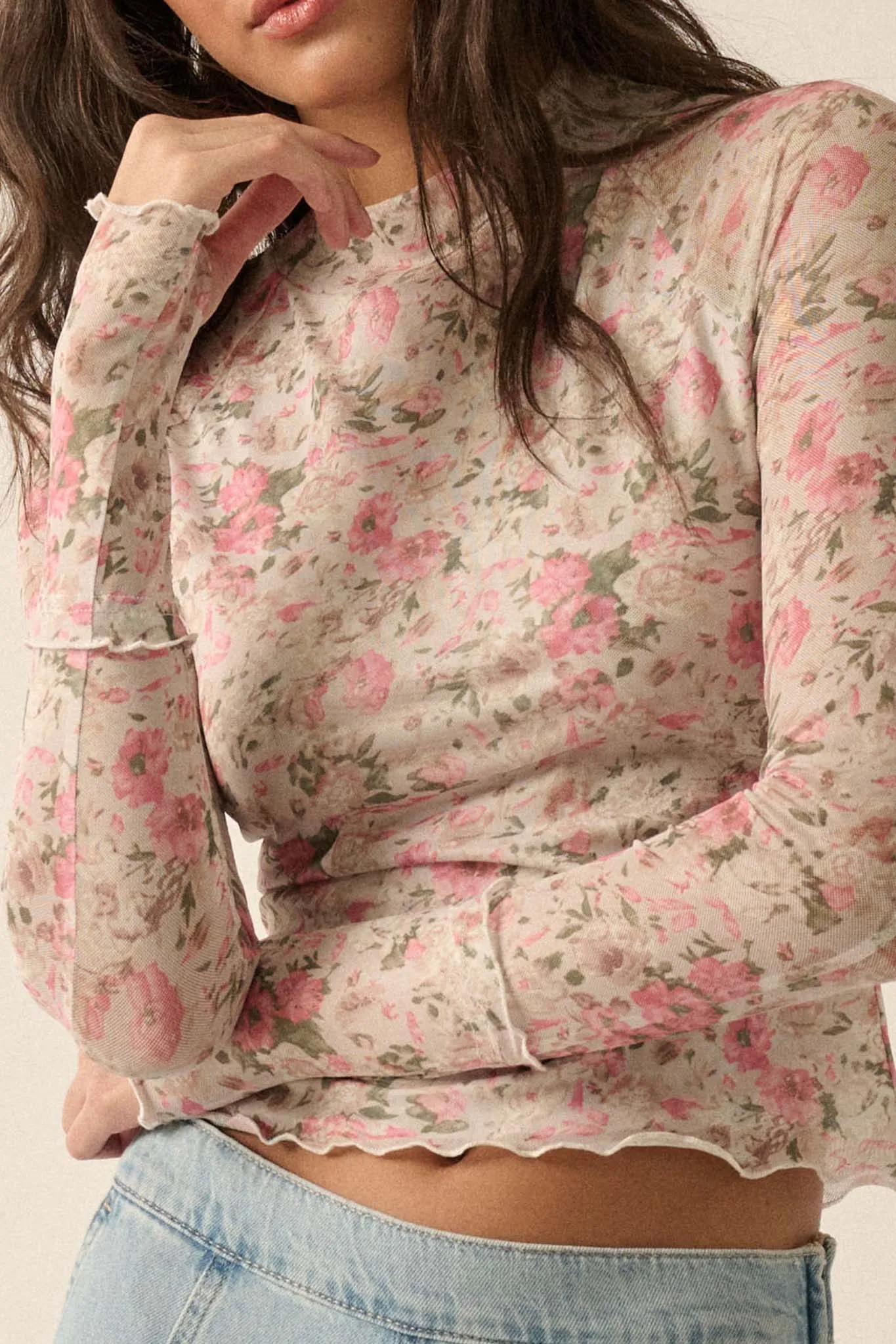 Every Rose Floral Mesh Long-Sleeve Mock-Neck Top