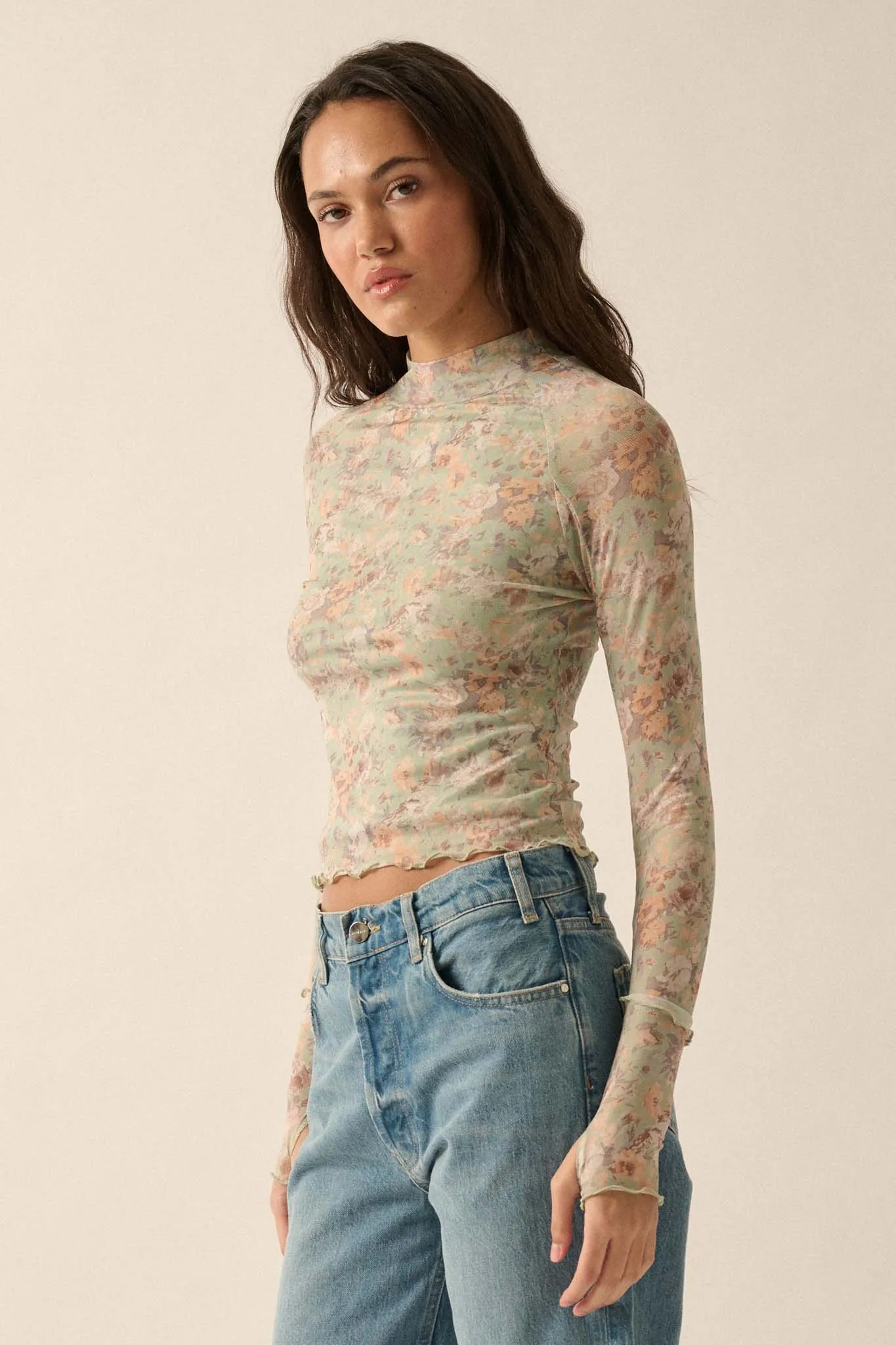 Every Rose Floral Mesh Long-Sleeve Mock-Neck Top