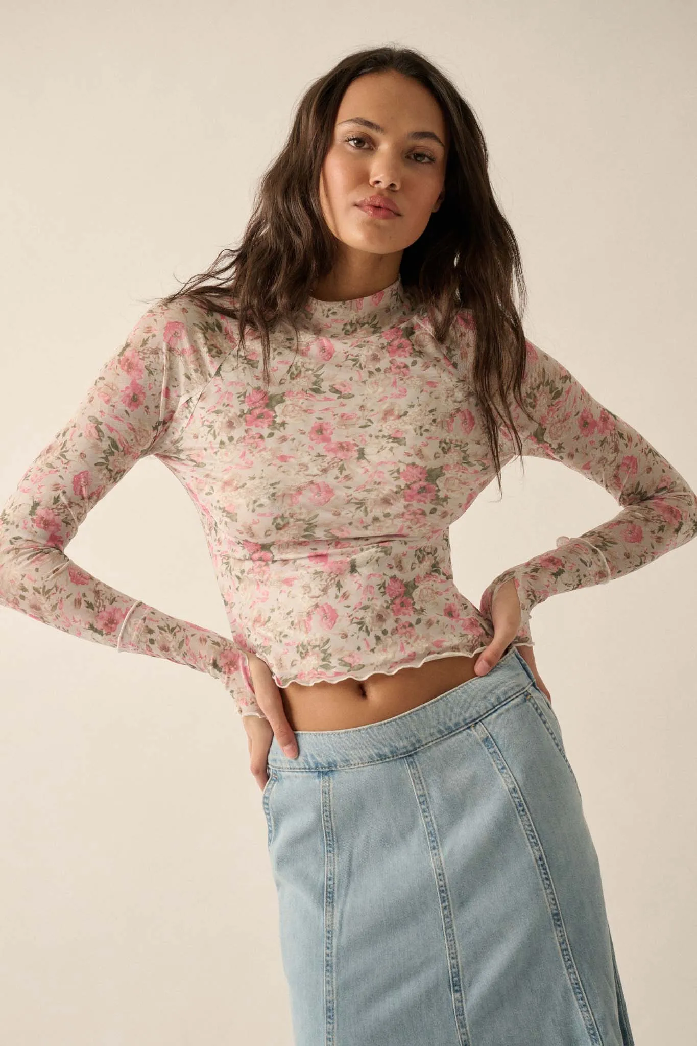 Every Rose Floral Mesh Long-Sleeve Mock-Neck Top