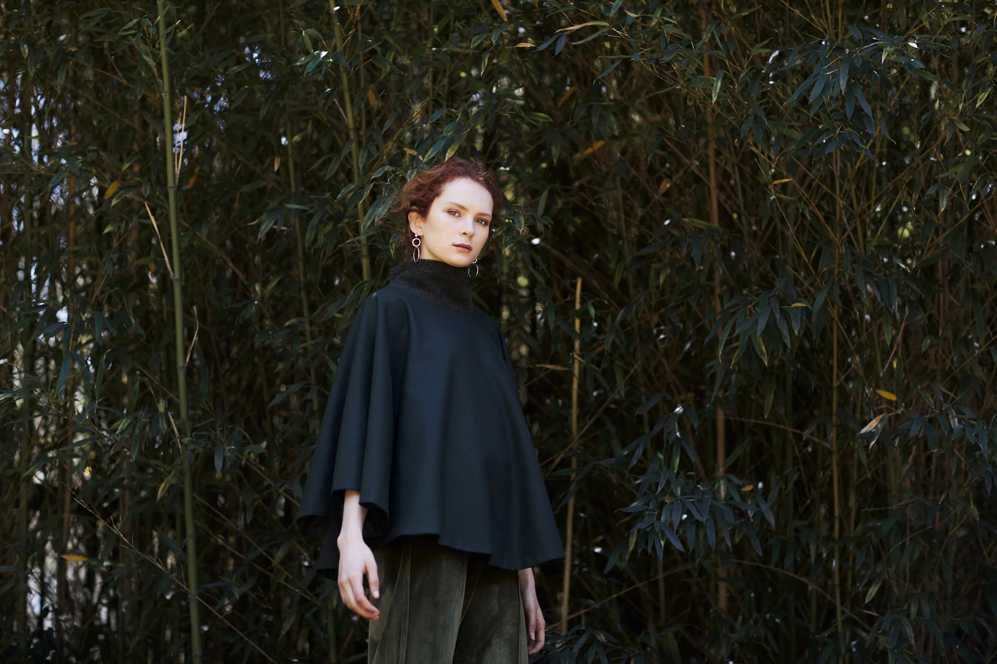 FERN CAPE [ Olive Green Wool, Turtleneck Poncho ]