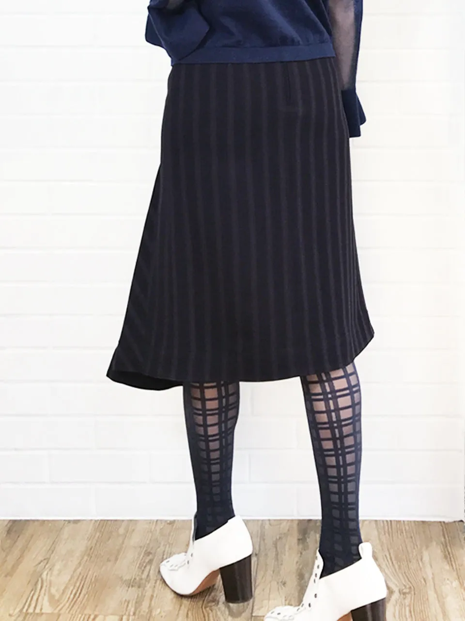 Final Sale! Black Striped Ruffled Panel Midi Pencil Skirt