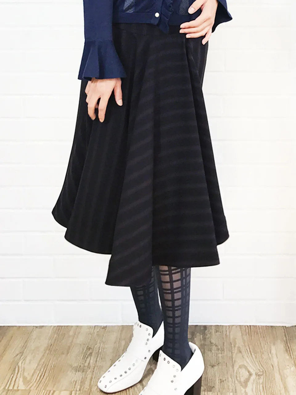 Final Sale! Black Striped Ruffled Panel Midi Pencil Skirt