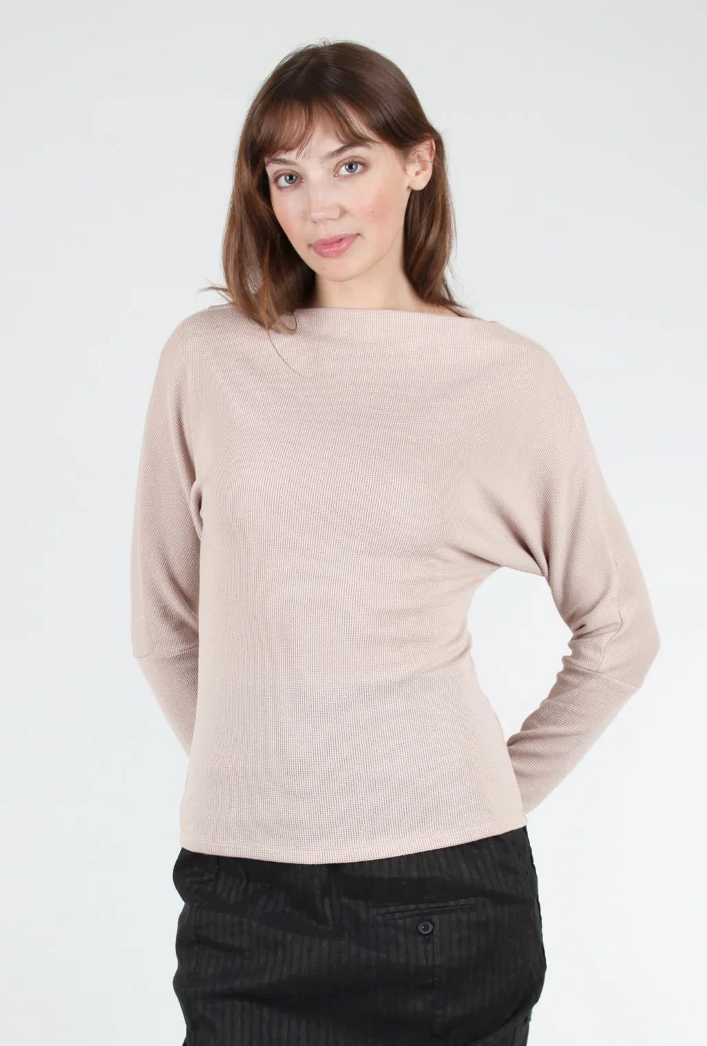 Fine Waffle Drape-Neck Top, Pink Beige