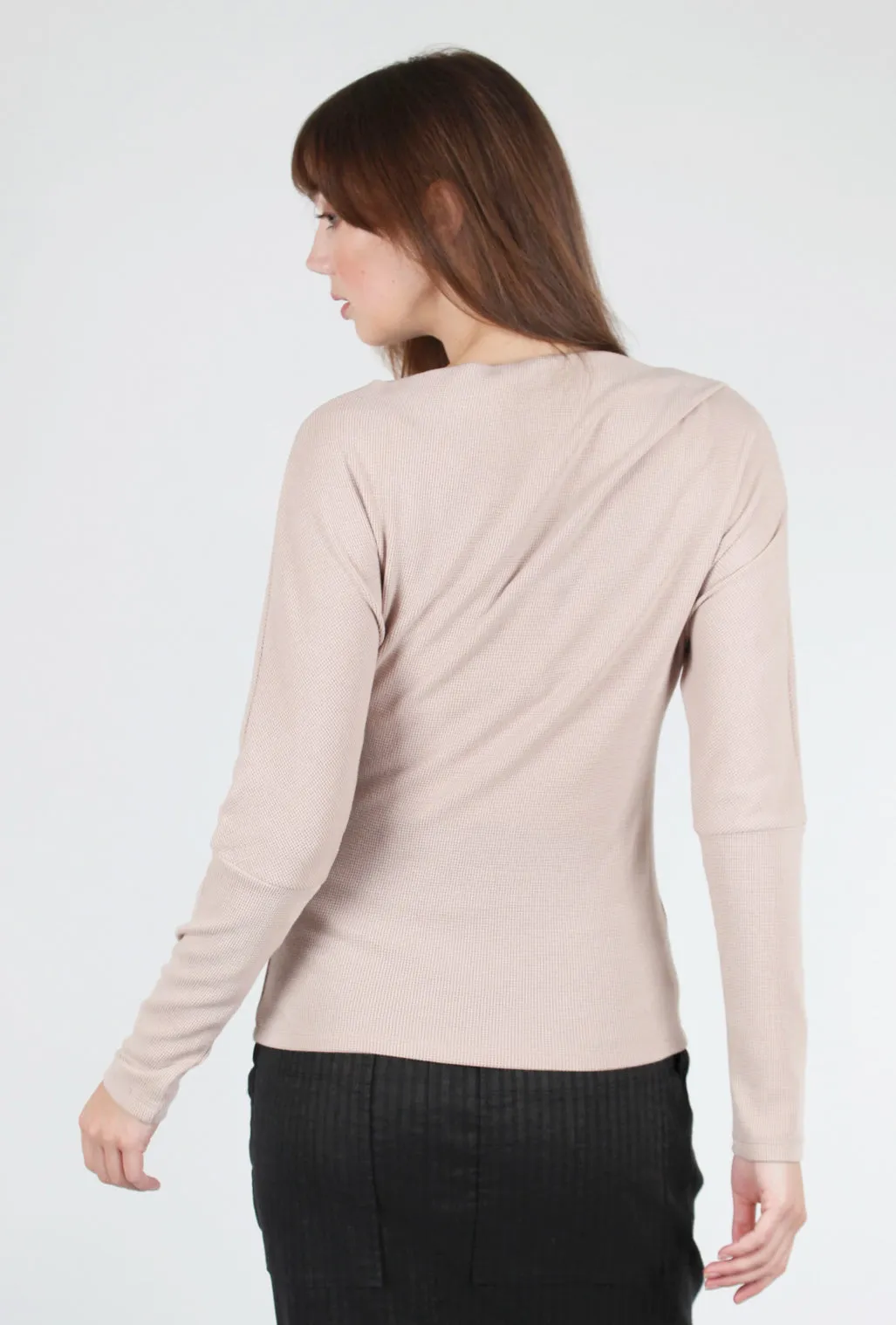 Fine Waffle Drape-Neck Top, Pink Beige