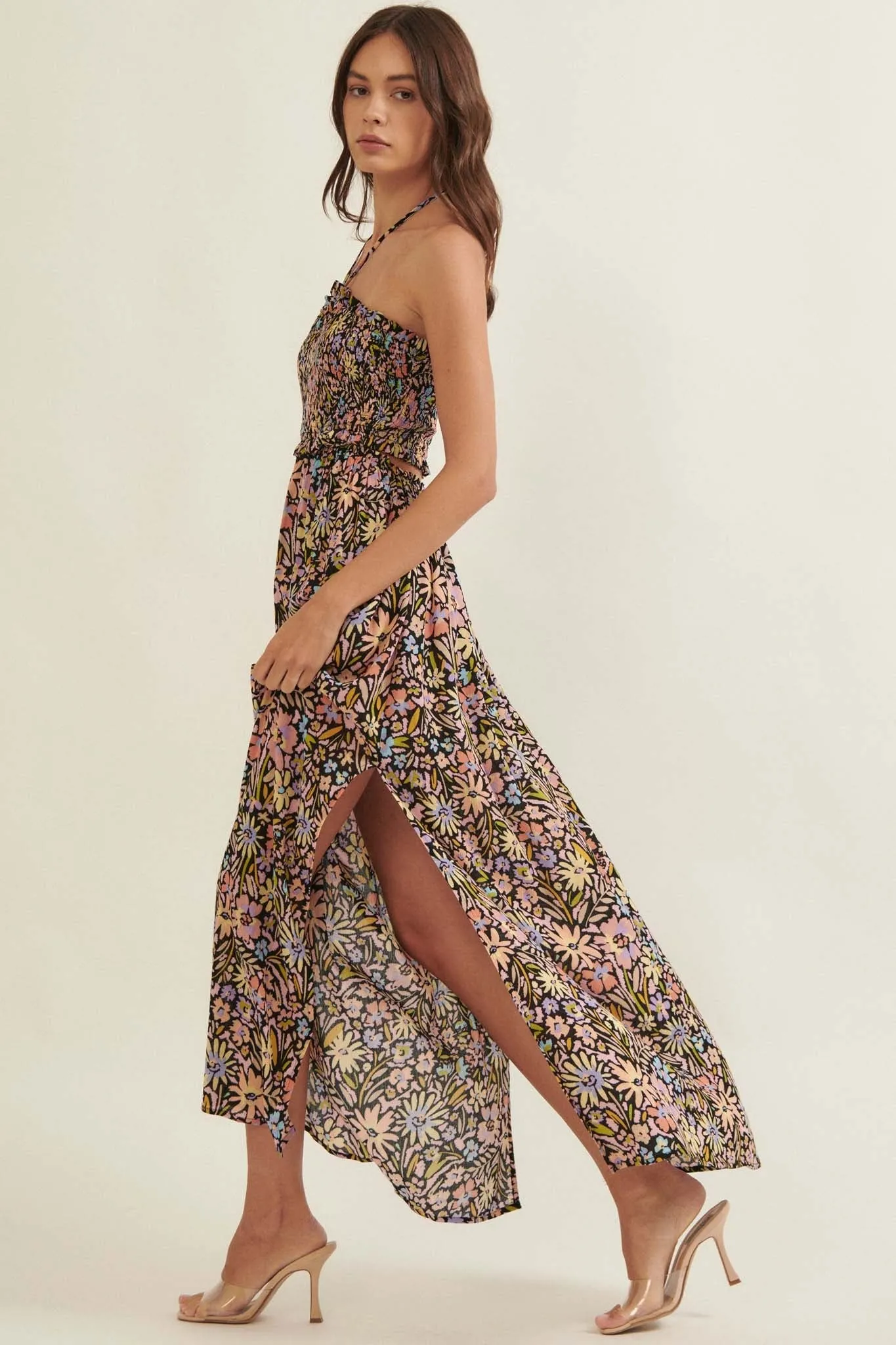 Flower Bomb Floral-Print Smocked Halter Maxi Dress