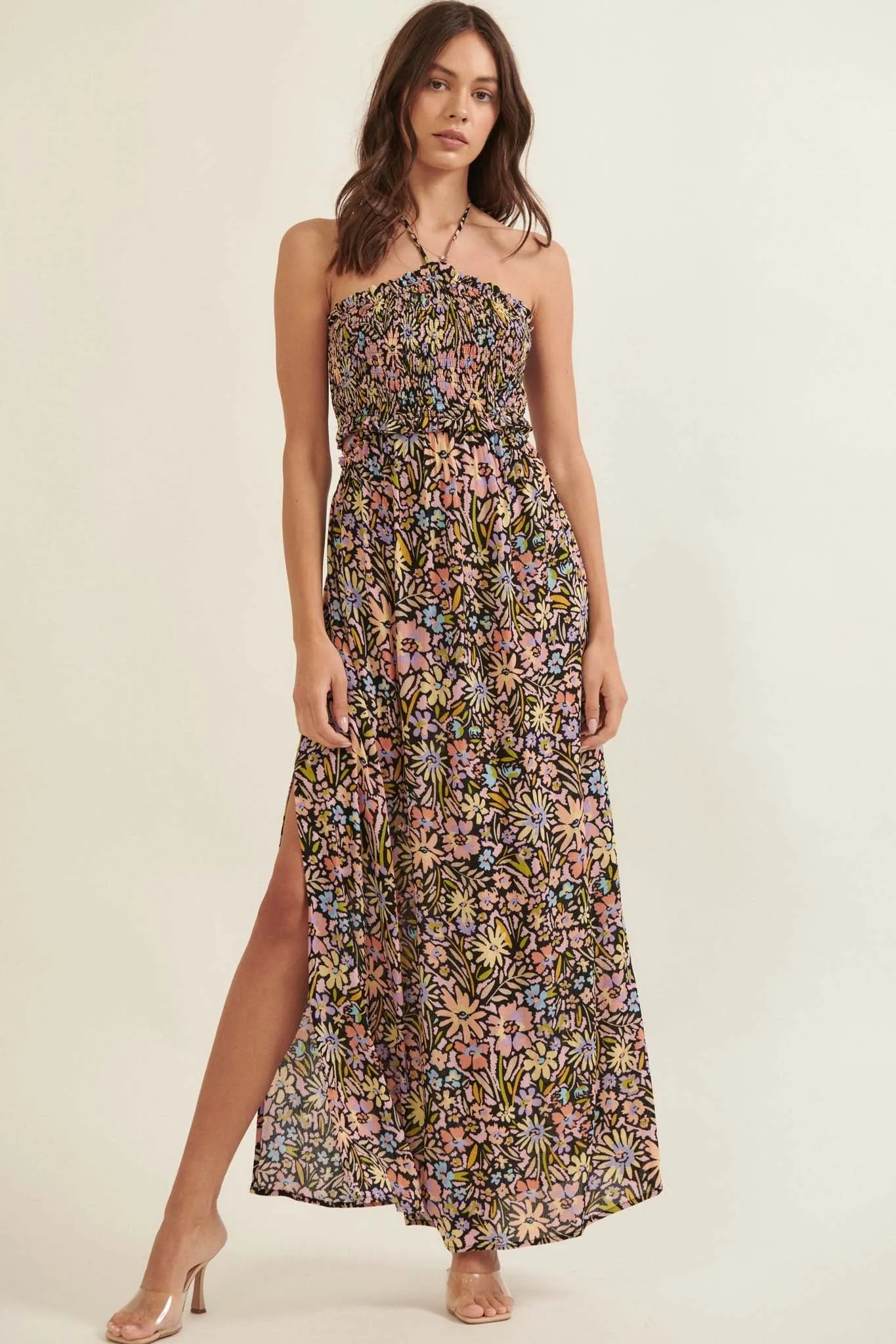 Flower Bomb Floral-Print Smocked Halter Maxi Dress