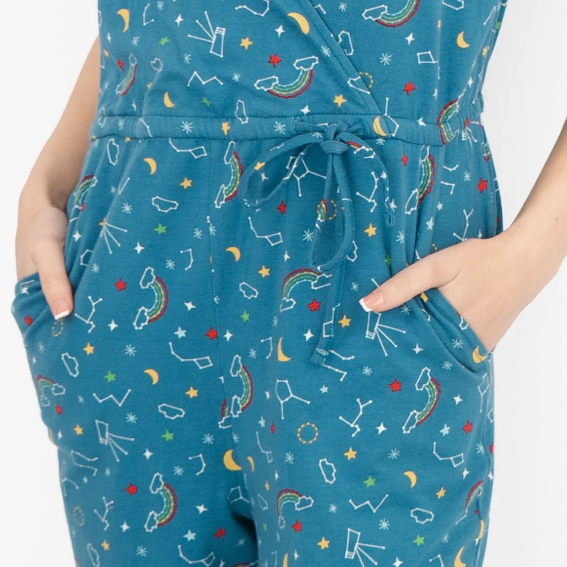 Frugi Bloom Teal Astrology Print for Maternity and Nursing Short Sleeve Cross Wrap Soft Jersey Jumpsuits