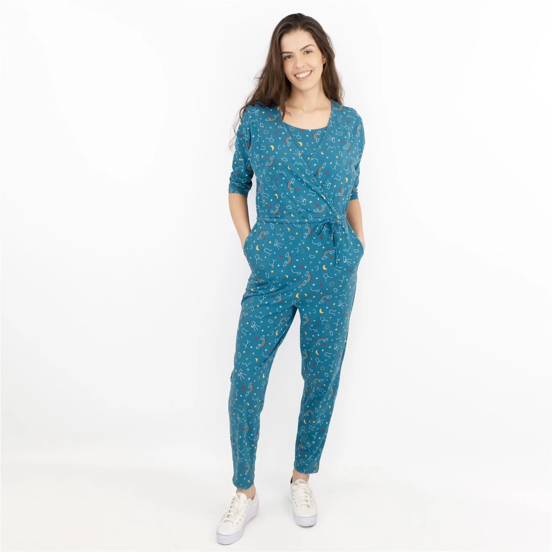 Frugi Bloom Teal Astrology Print for Maternity and Nursing Short Sleeve Cross Wrap Soft Jersey Jumpsuits