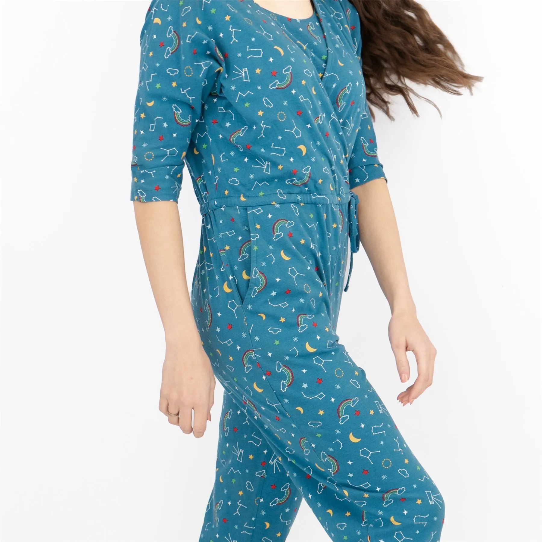 Frugi Bloom Teal Astrology Print for Maternity and Nursing Short Sleeve Cross Wrap Soft Jersey Jumpsuits