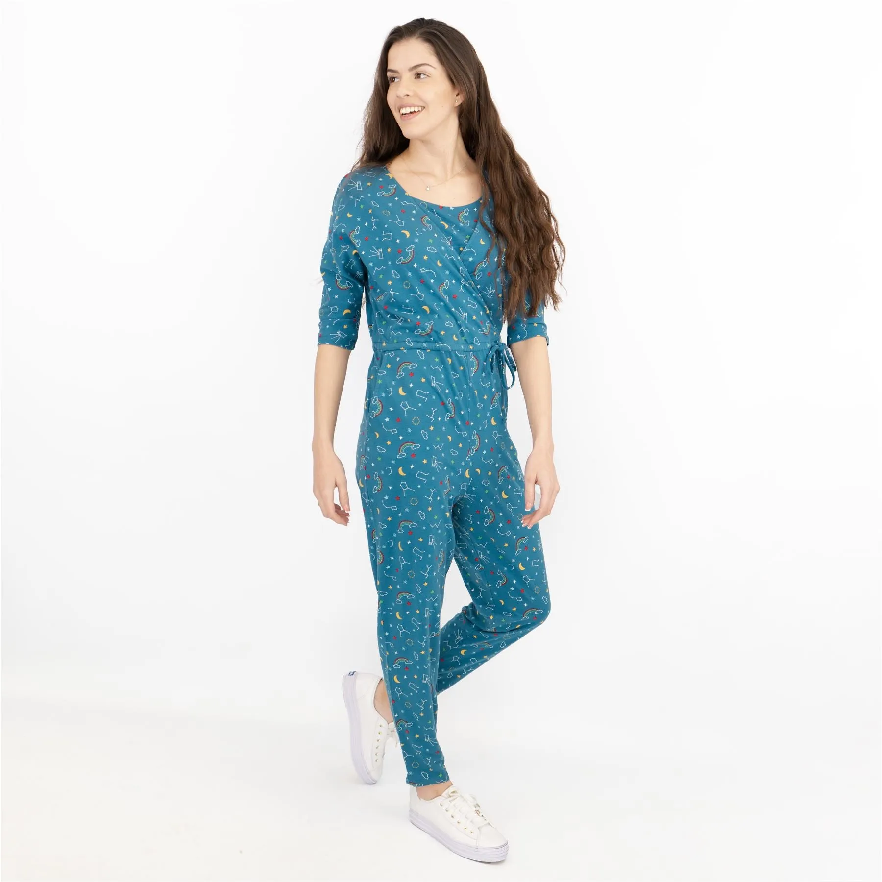 Frugi Bloom Teal Astrology Print for Maternity and Nursing Short Sleeve Cross Wrap Soft Jersey Jumpsuits