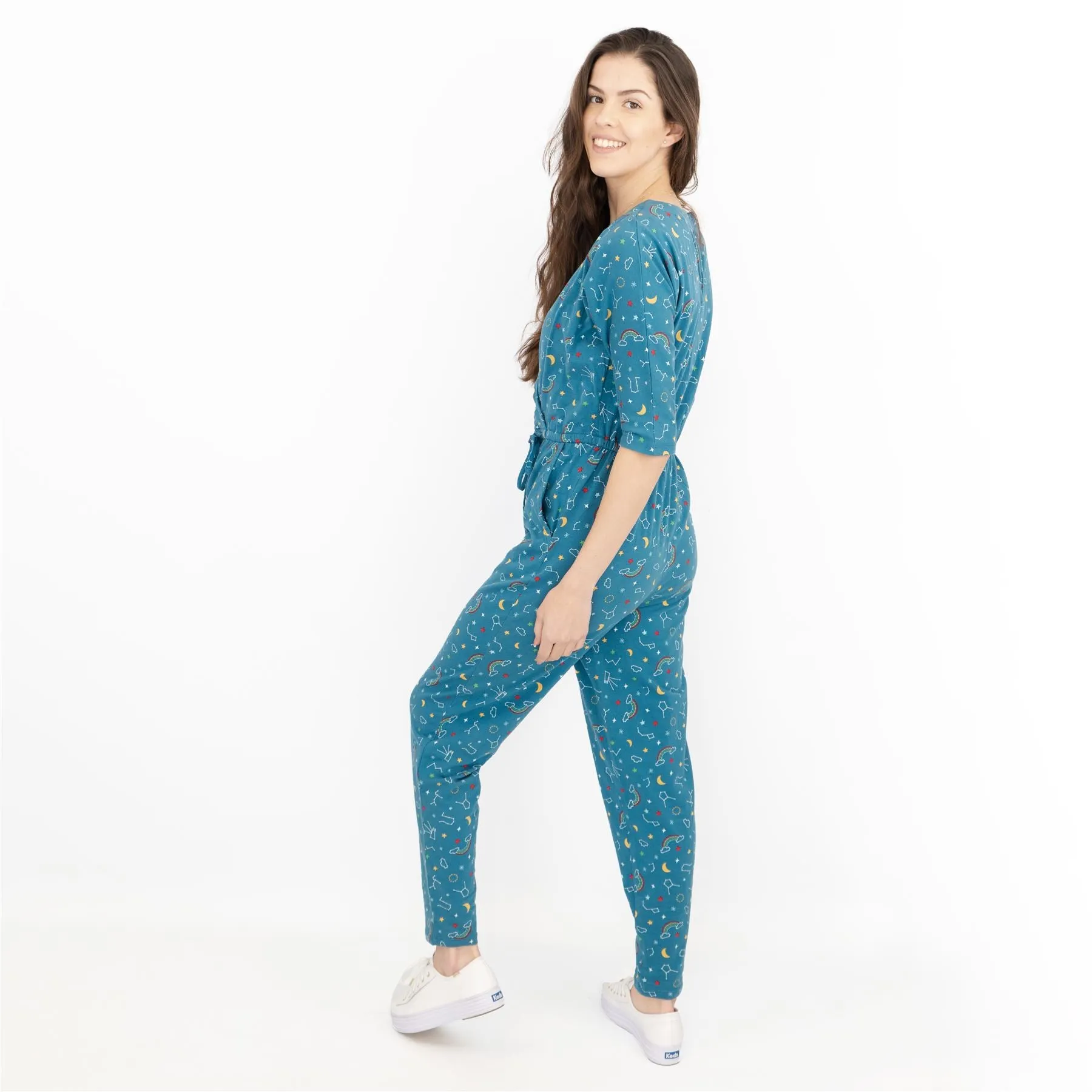 Frugi Bloom Teal Astrology Print for Maternity and Nursing Short Sleeve Cross Wrap Soft Jersey Jumpsuits