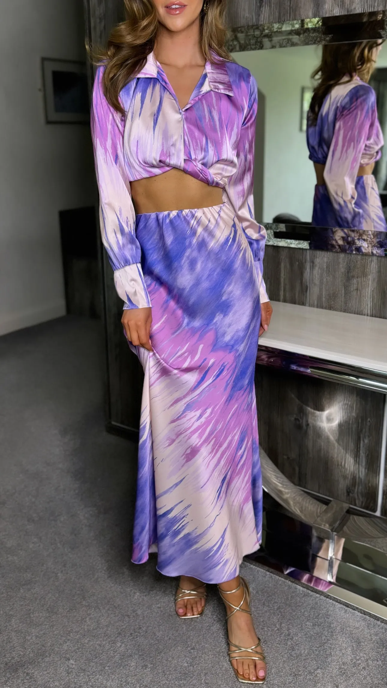 Georgette Lilac Printed Crop Shirt & Midi Skirt Co Ord