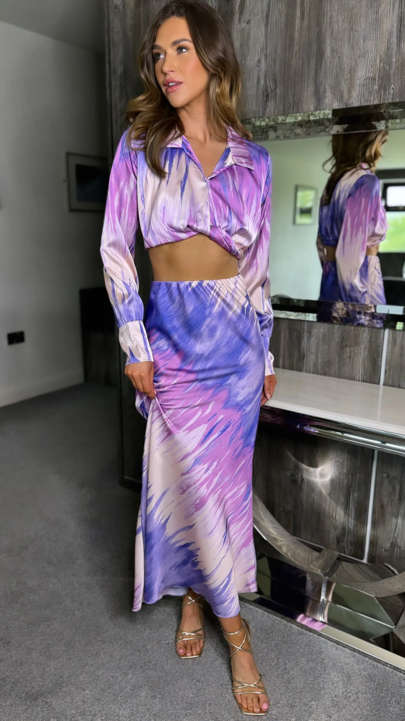 Georgette Lilac Printed Crop Shirt & Midi Skirt Co Ord