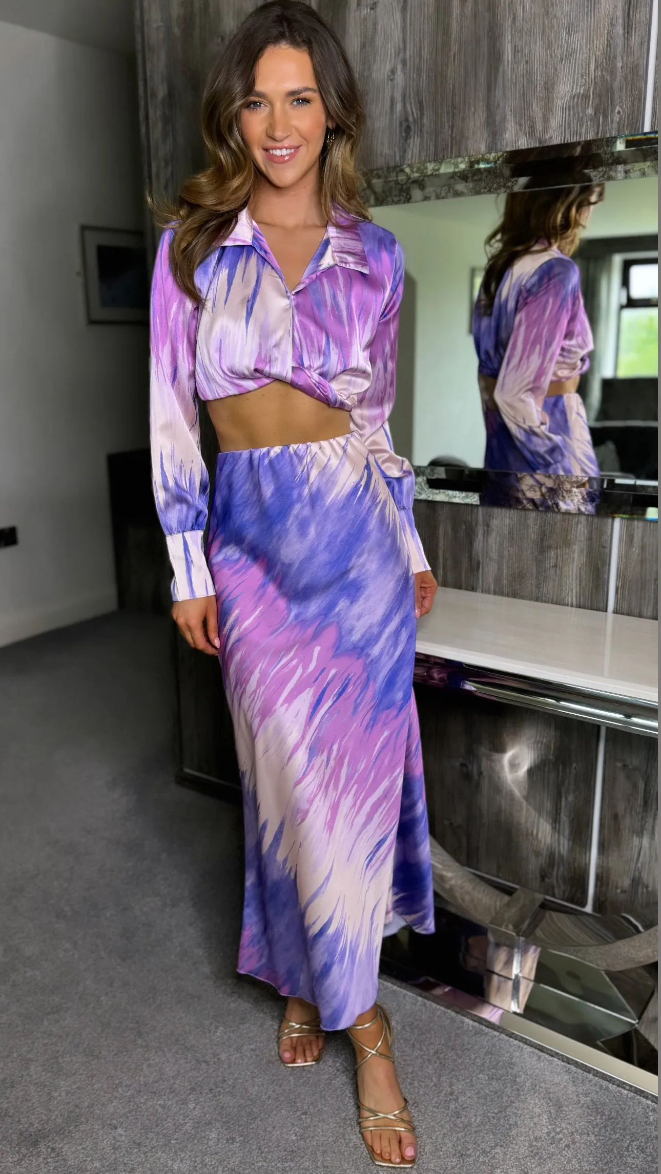 Georgette Lilac Printed Crop Shirt & Midi Skirt Co Ord