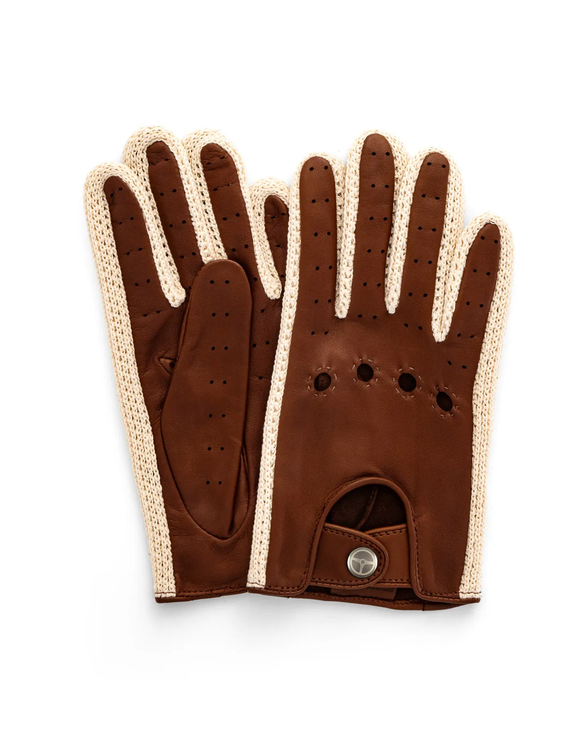 GRAN TURISMO - Leather and Cotton Crochet Driving Gloves - Cognac/Cream