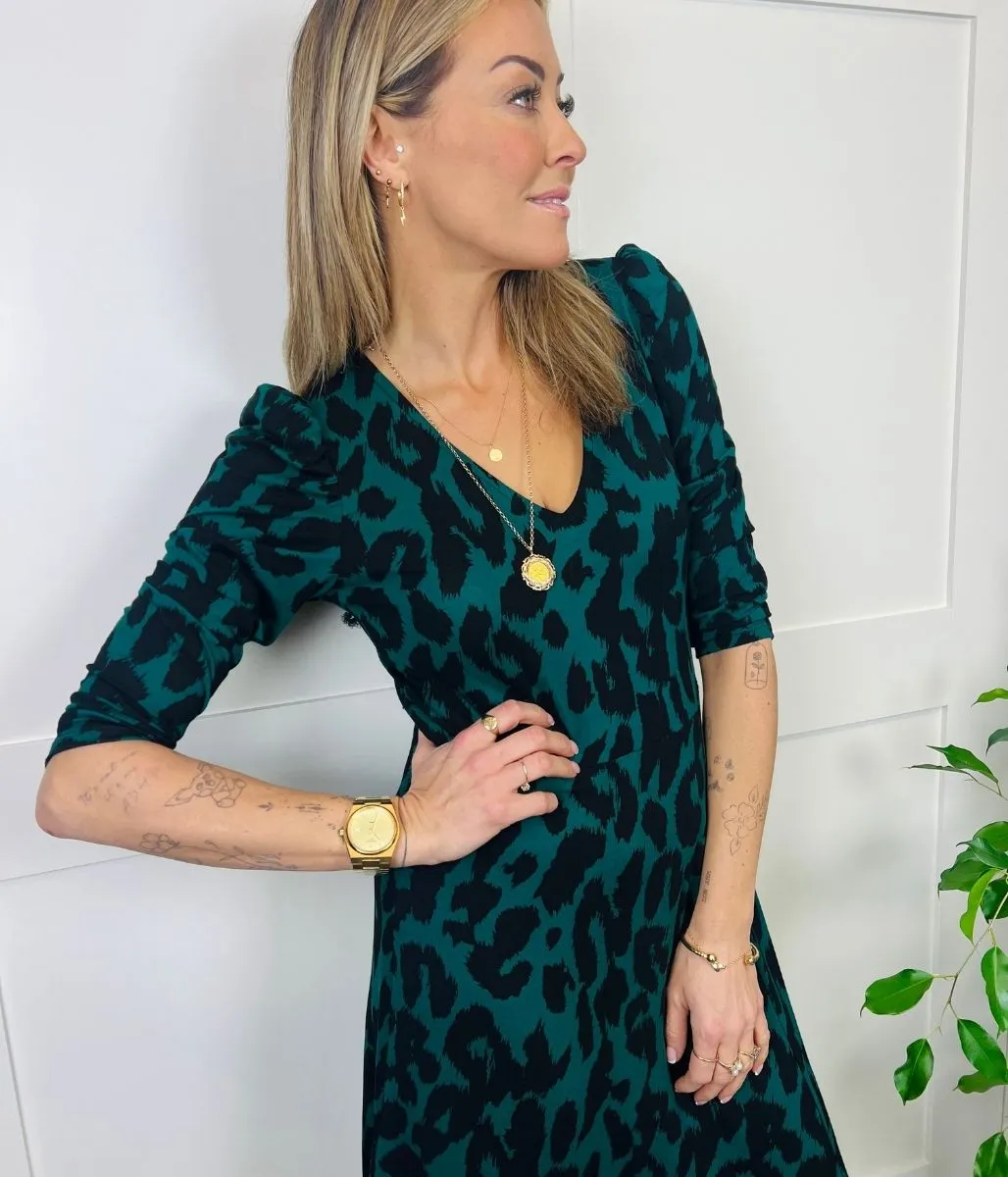 Green Animal Print Midi Dress