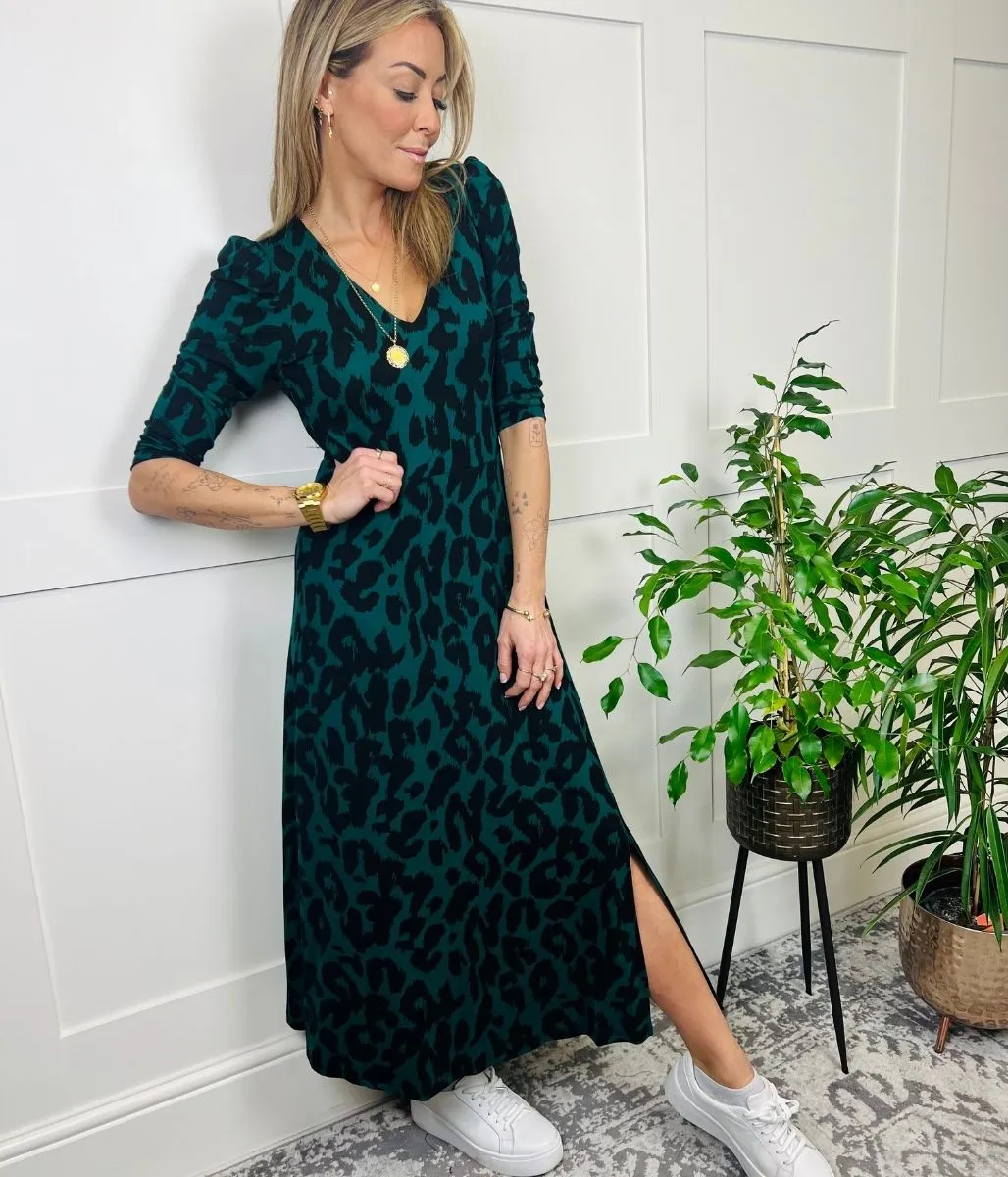 Green Animal Print Midi Dress