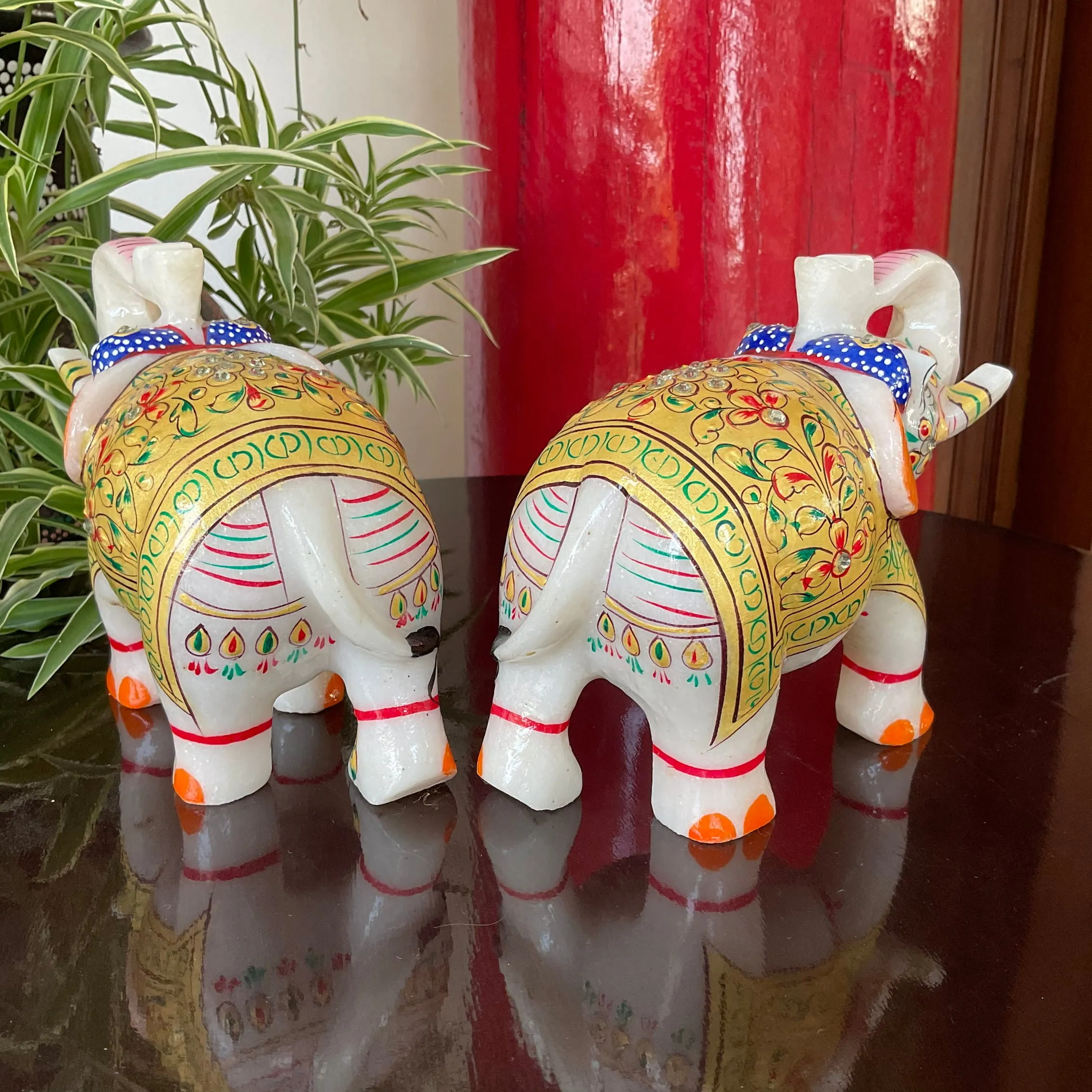 Handcrafted 5 Inches Marble Elephant (Set of 2) - Meenakari Stone Art - Table Animal Decor