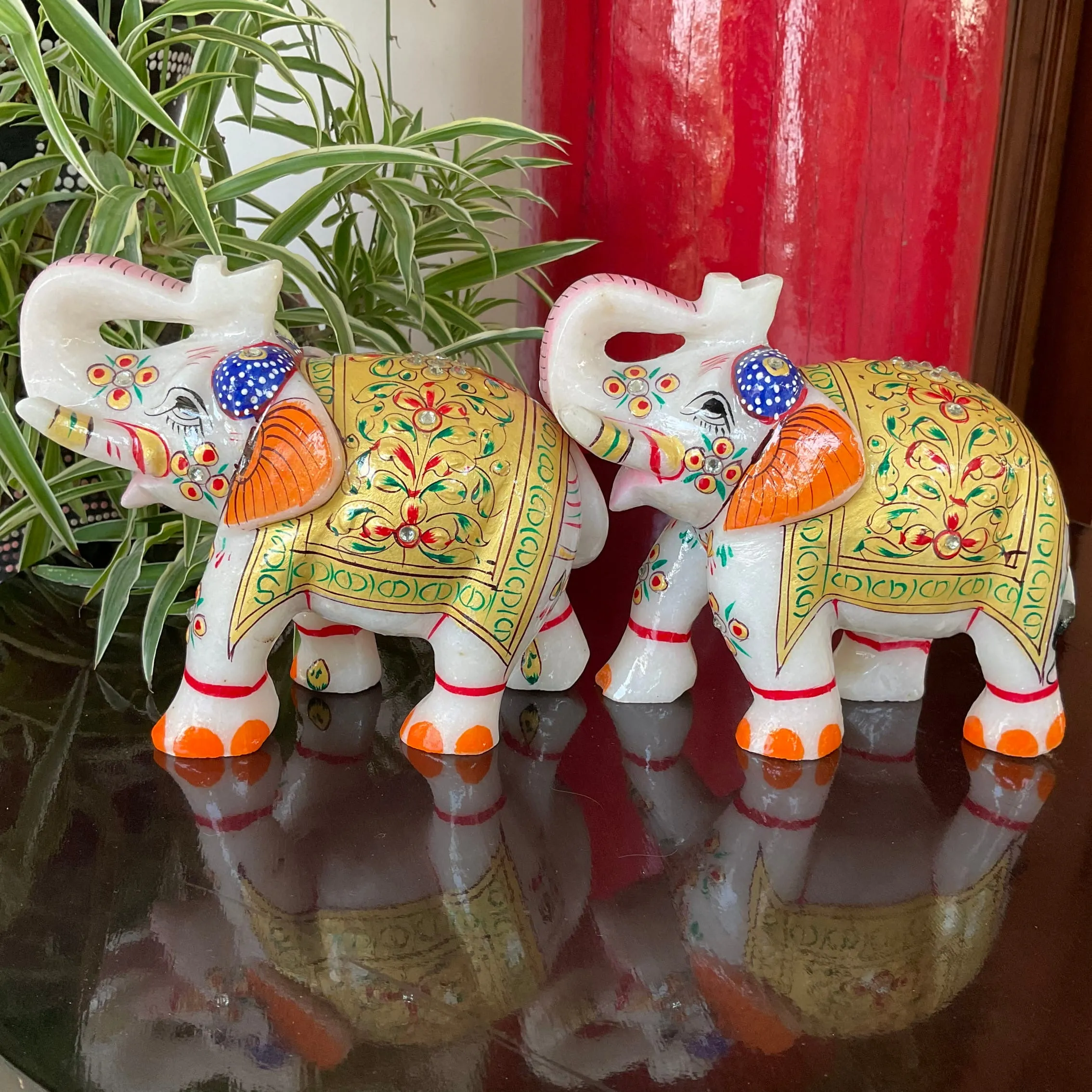 Handcrafted 5 Inches Marble Elephant (Set of 2) - Meenakari Stone Art - Table Animal Decor