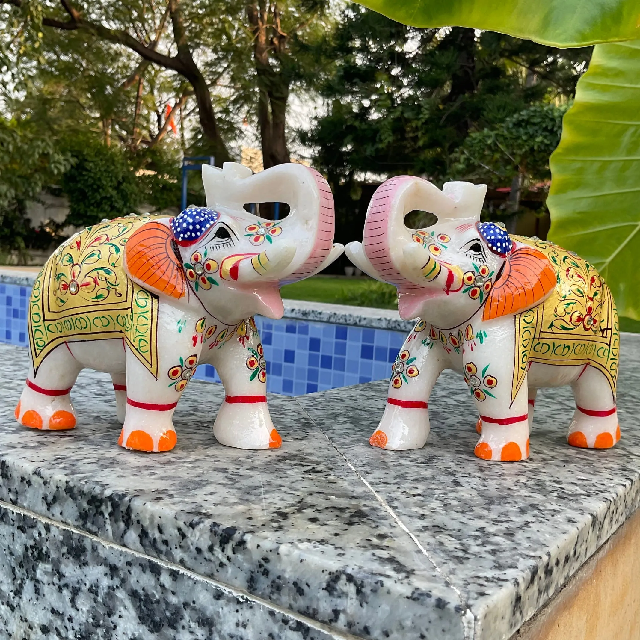 Handcrafted 5 Inches Marble Elephant (Set of 2) - Meenakari Stone Art - Table Animal Decor