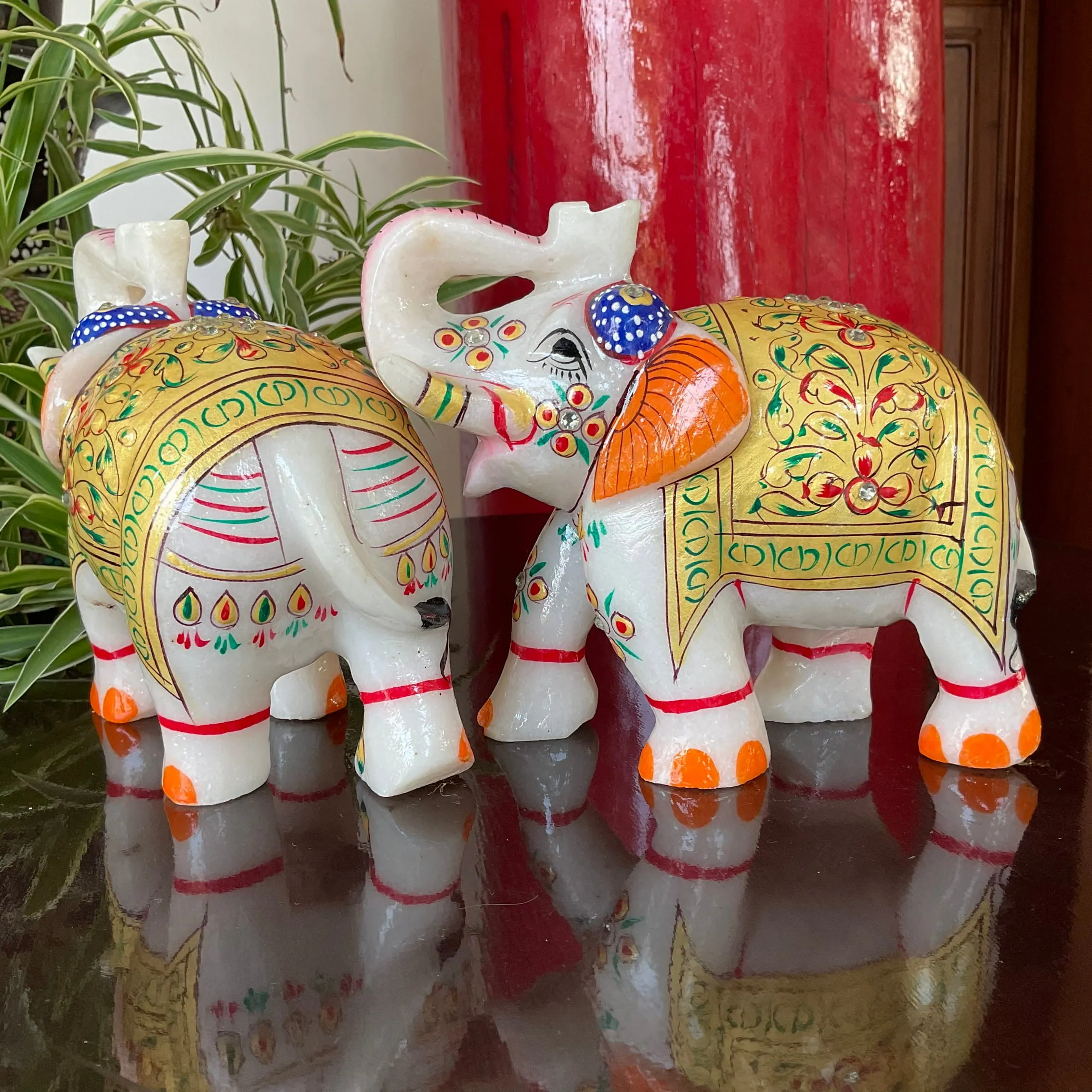 Handcrafted 5 Inches Marble Elephant (Set of 2) - Meenakari Stone Art - Table Animal Decor