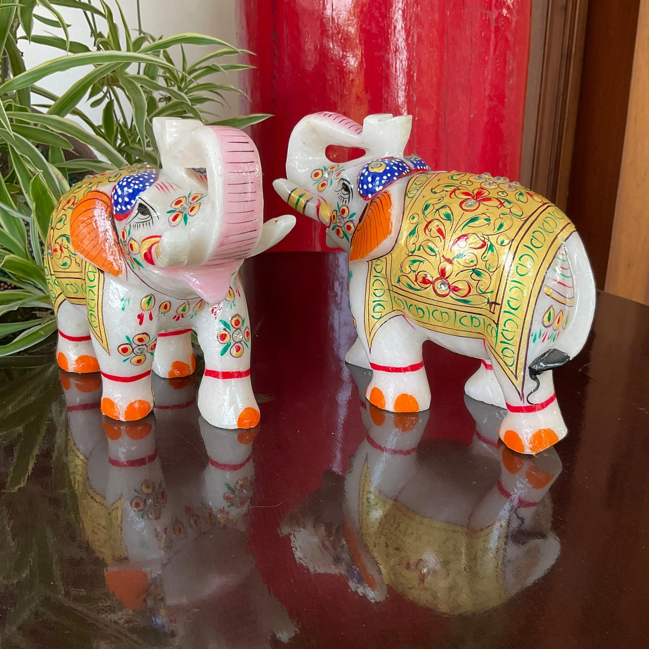 Handcrafted 5 Inches Marble Elephant (Set of 2) - Meenakari Stone Art - Table Animal Decor