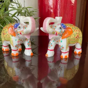 Handcrafted 5 Inches Marble Elephant (Set of 2) - Meenakari Stone Art - Table Animal Decor