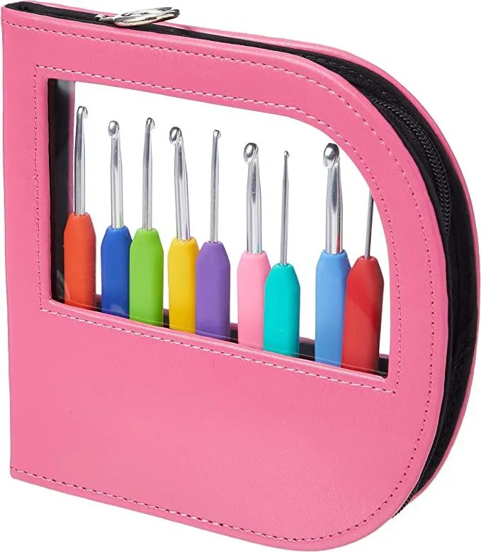 KnitPro Single Ended Waves Crochet Set (30922) | Neon Pink faux leather case