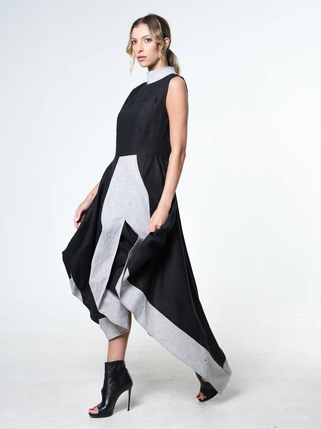 Long Linen Dress In Black and Gray