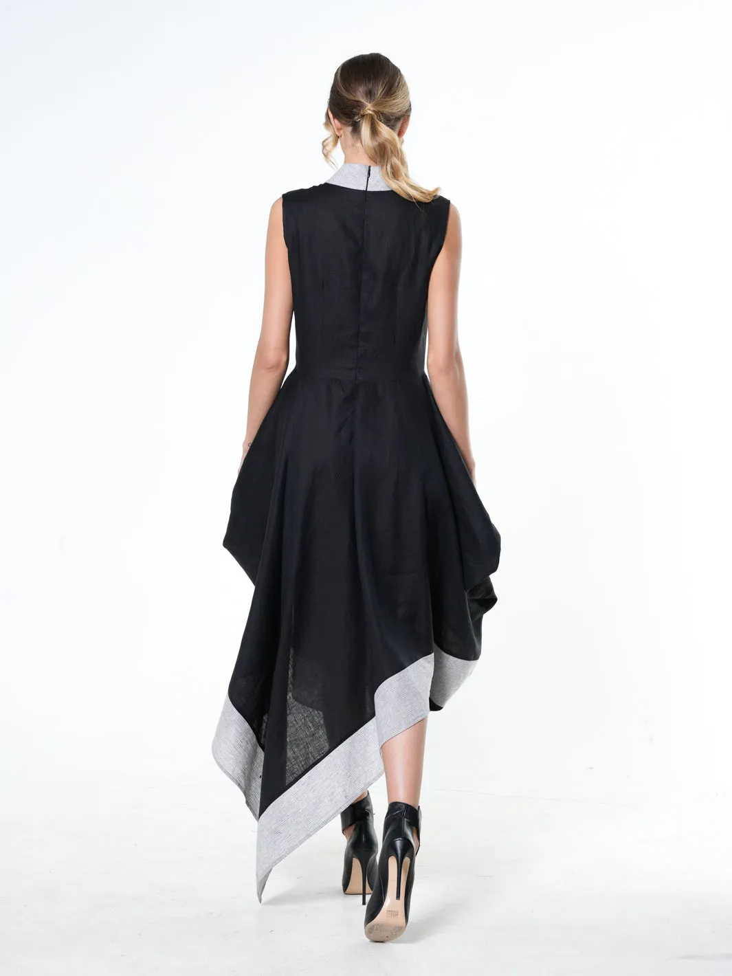 Long Linen Dress In Black and Gray