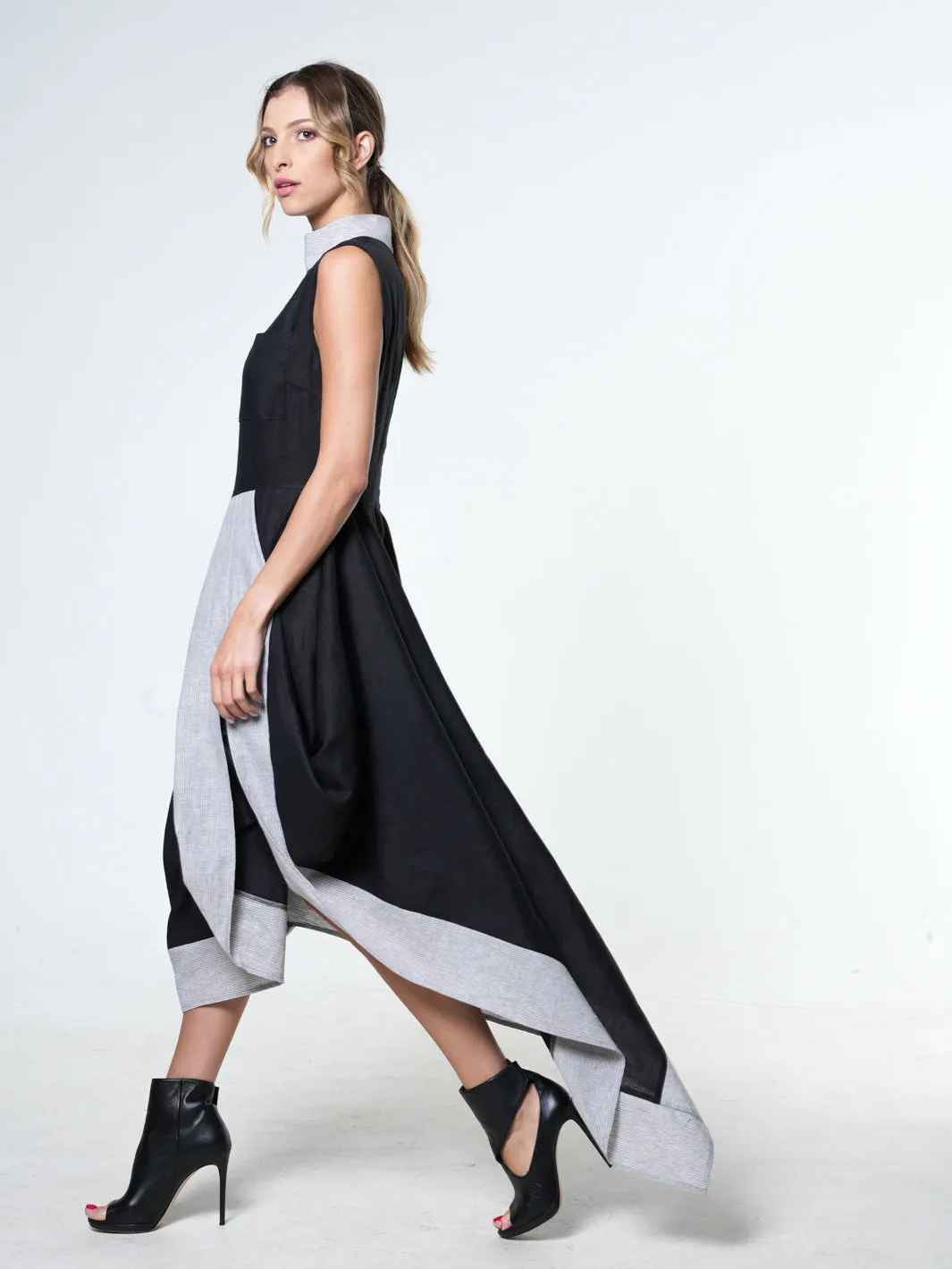 Long Linen Dress In Black and Gray